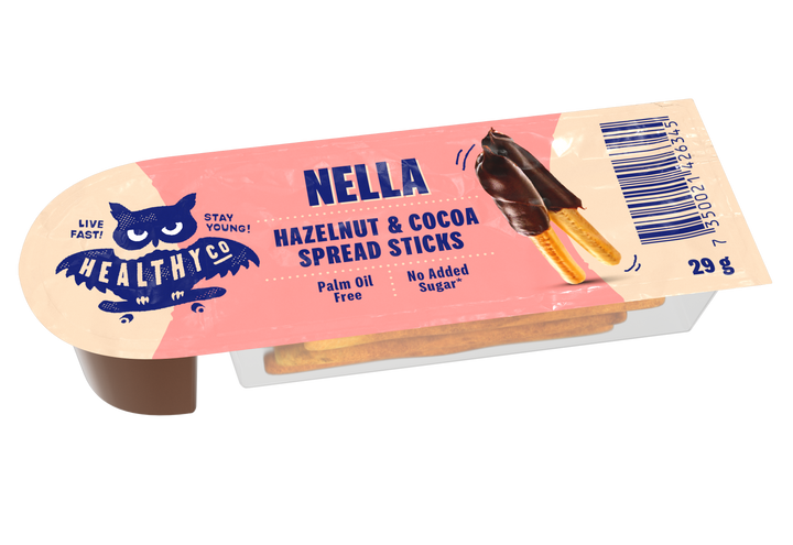 HealthyCo Nella Sticks Hazelnut & Cocoa – kasse med 15 bægre à 29 g