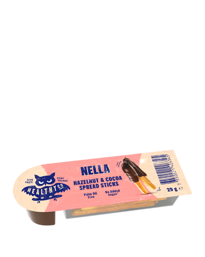HealthyCo Nella Sticks Hazelnut & Cocoa - snack med cremet chokolade-hasselnøddedip og sprøde brødstænger